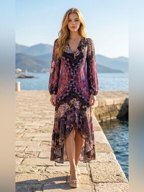 Free People Purple Floral V-Neck High-Low Midi Dress